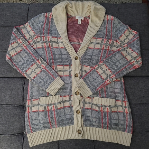 Lands End canvas 1963Vl vtg PLAID CARDIGAN SWEATER SIZE M cotton wool blend euc - Picture 14 of 15